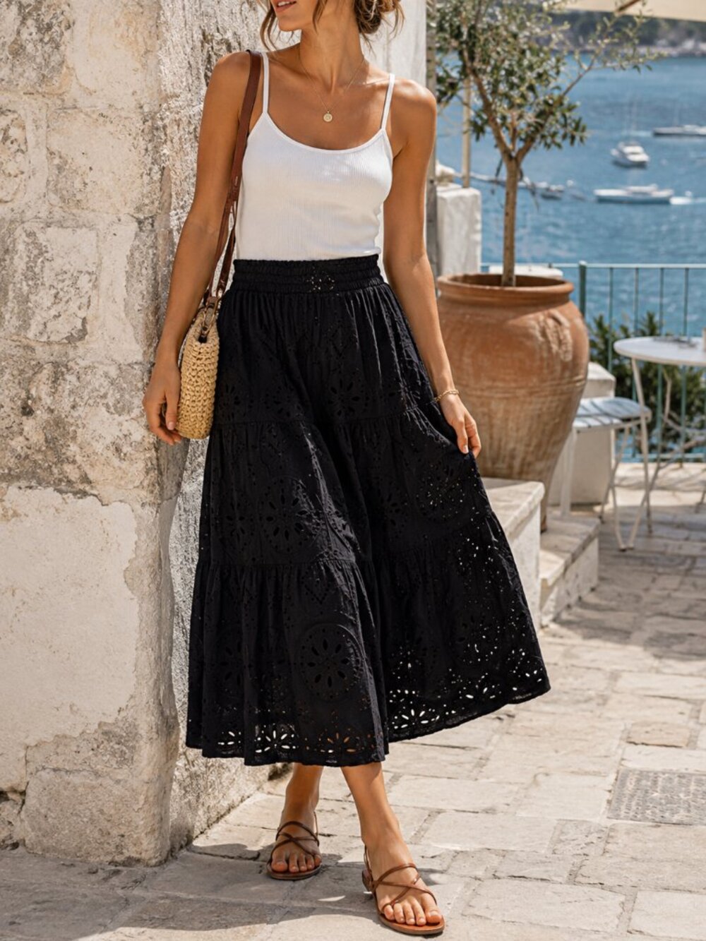 Gap Black Eyelet Midi Skirt XL Elastic Waist Romantic Boho Coastal Summer Resort